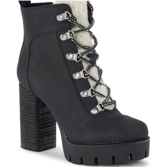 Black Platform Combat Boot, faux fur trim, size 7.5 - Picture 1 of 8